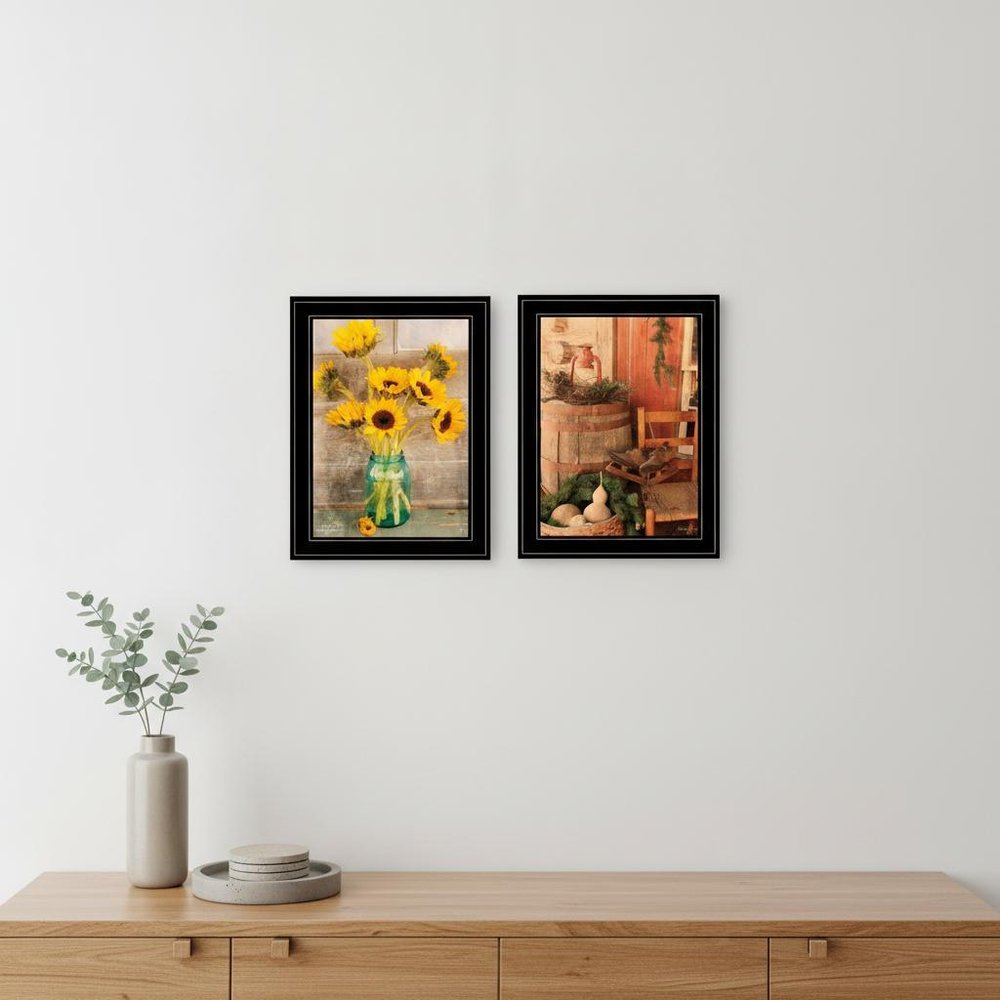 Set Of Two Vintage Country and Sunflowers 2 Black Framed Print Wall Art