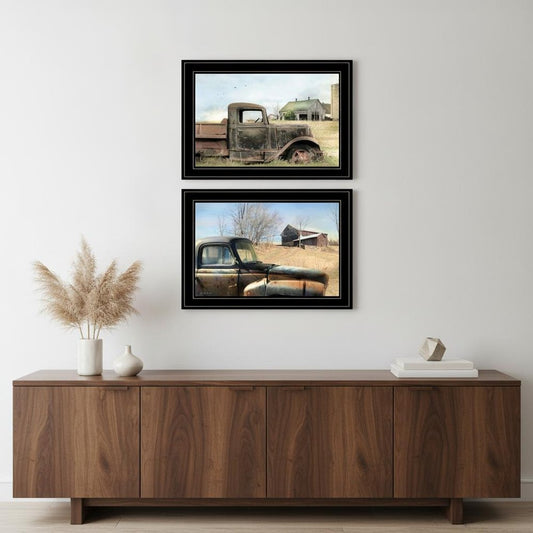 Set Of Two Vintage Farm Trucks 2 Black Framed Print Wall Art