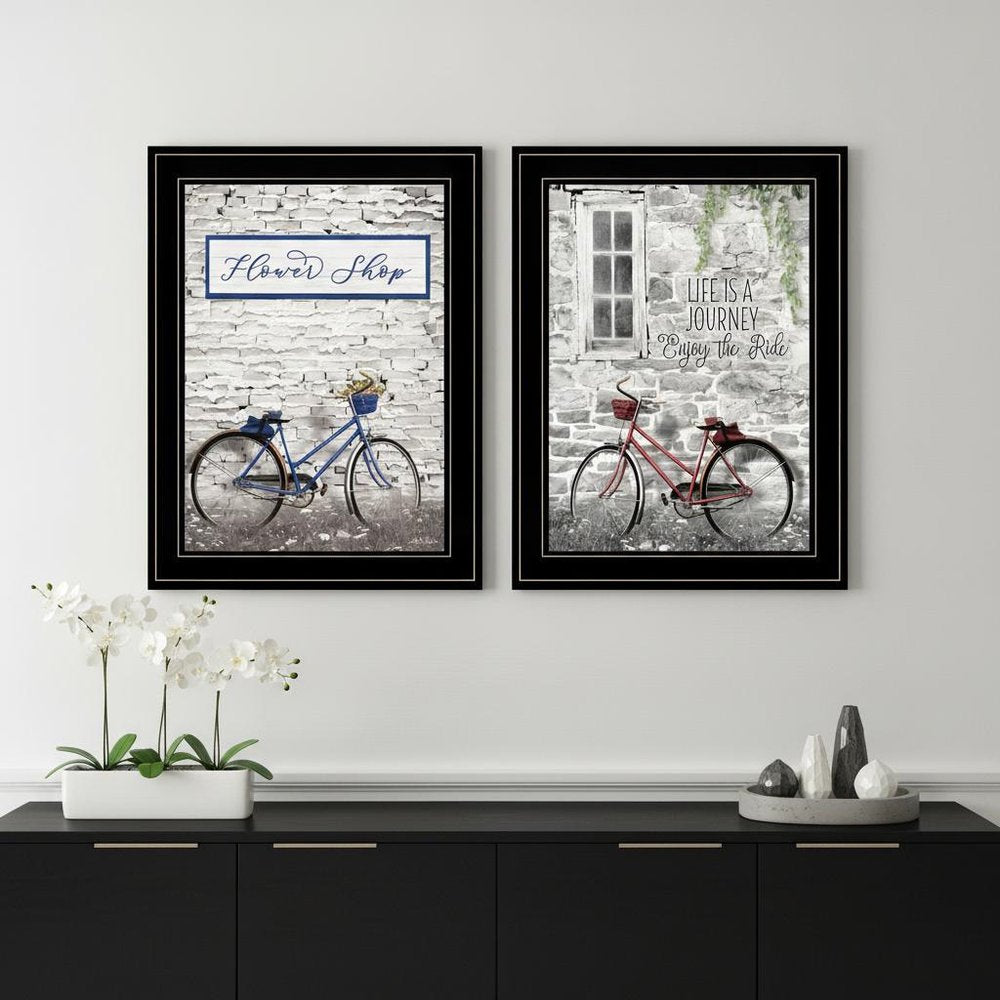 Set Of Two Romantic Bicycles 2 Black Framed Print Wall Art