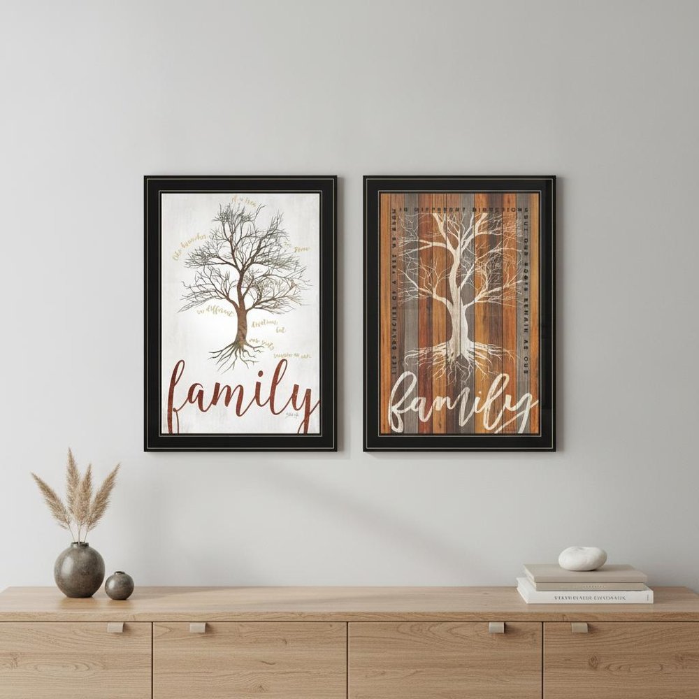Set Of Two Family Tree or Roots 2 Black Framed Print Wall Art