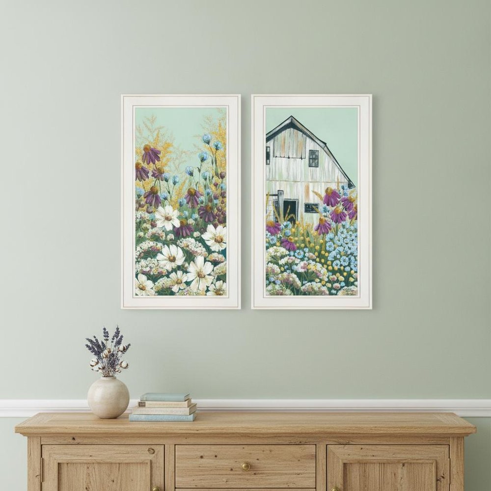 Set Of Two Floral Field 1 White Framed Print Wall Art