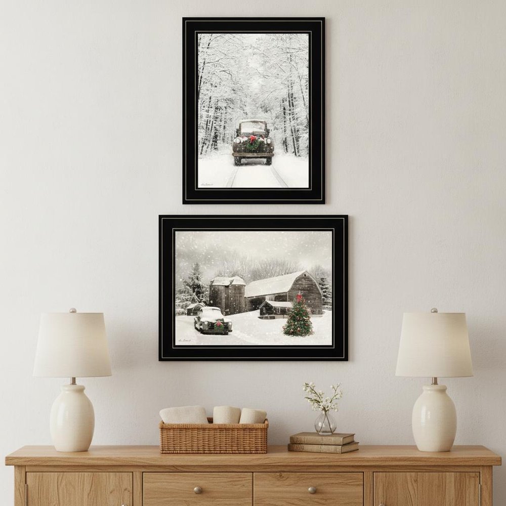 Set Of Two Antique Christmas 2 Black Framed Print Wall Art