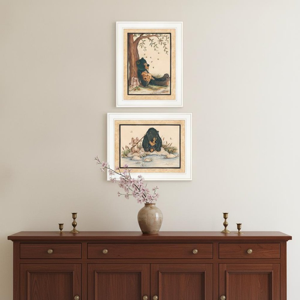 Set Of Two Gone Fishing 1 White Framed Print Wall Art