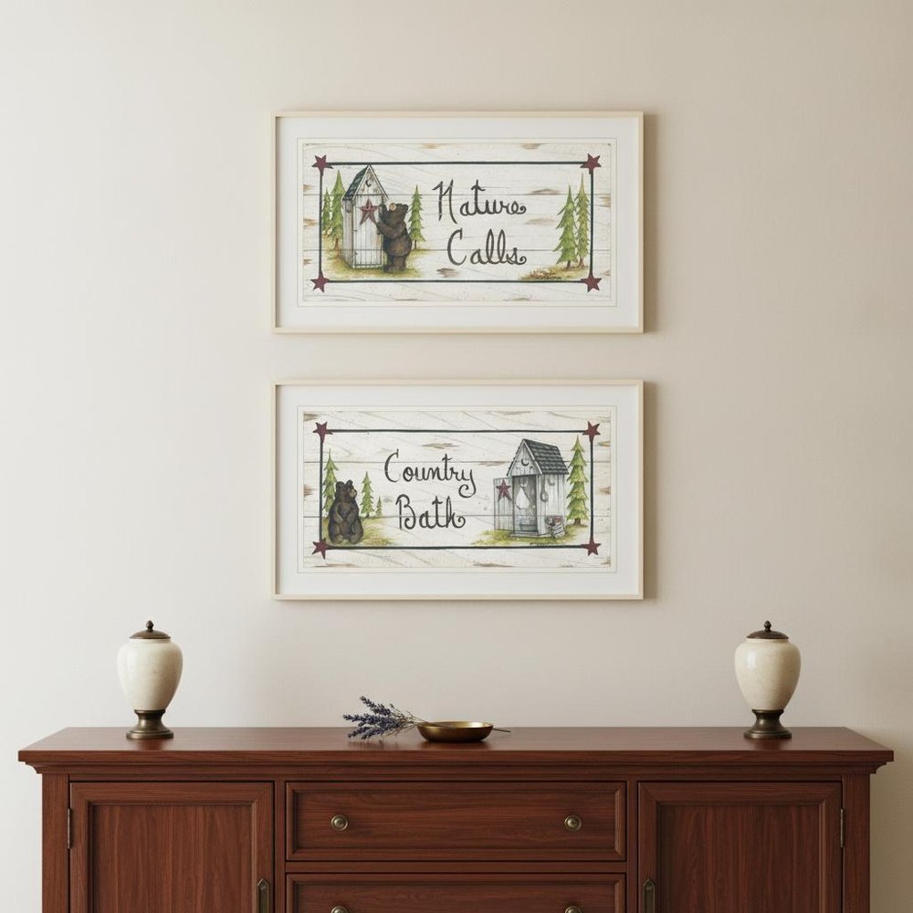 Set Of Two Nature Calls 1 White Framed Print Bathroom Wall Art