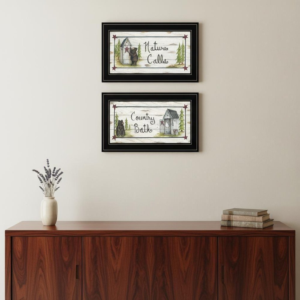 Set Of Two Nature Calls 2 Black Framed Print Bathroom Wall Art