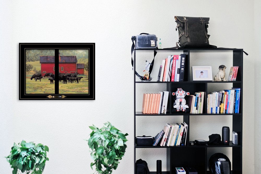 By the Red Barn Herd of Angus 2 Black Framed Print Wall Art