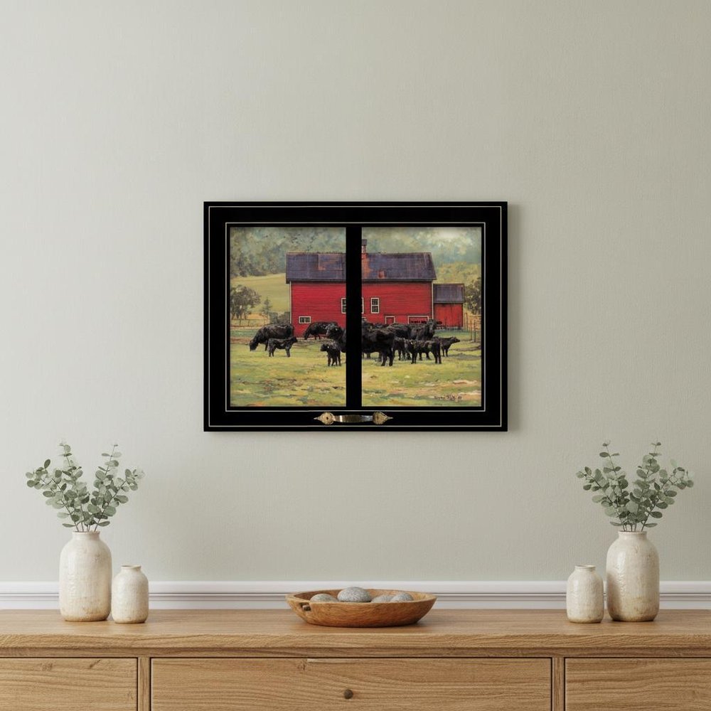 By the Red Barn Herd of Angus 2 Black Framed Print Wall Art