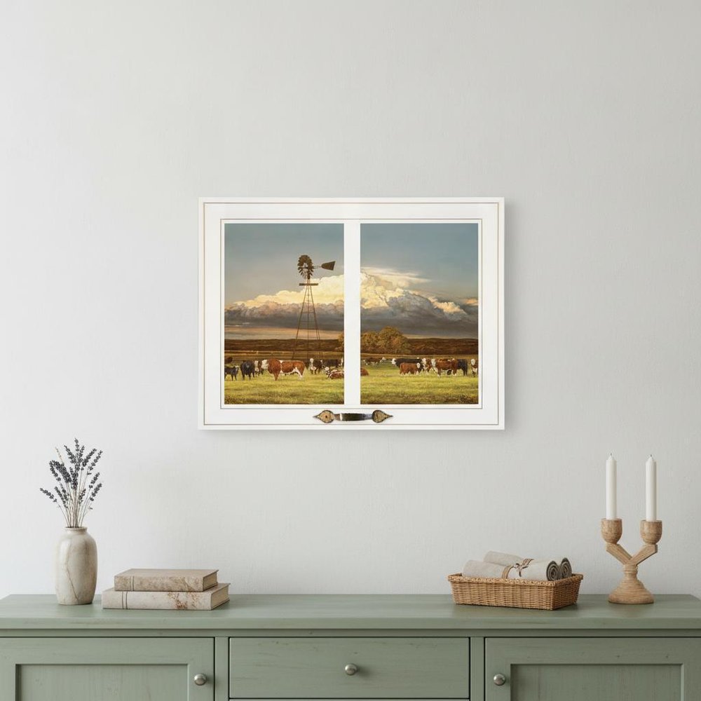 Summer Pastures Holstein cows with windmill 1 White Framed Print Wall Art