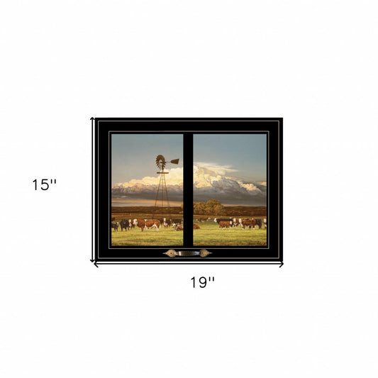 Summer Pastures Holstein cows with windmill 2 Black Framed Print Wall Art