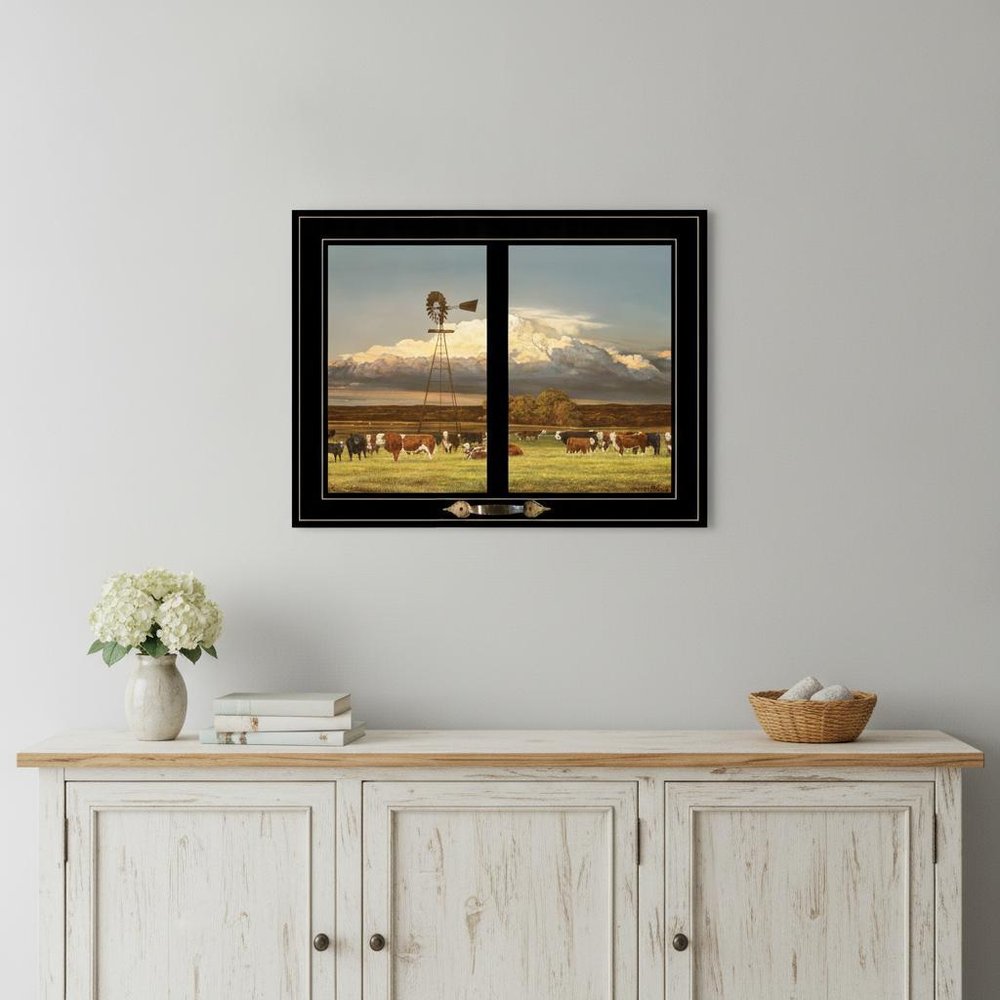 Summer Pastures Holstein cows with windmill 2 Black Framed Print Wall Art