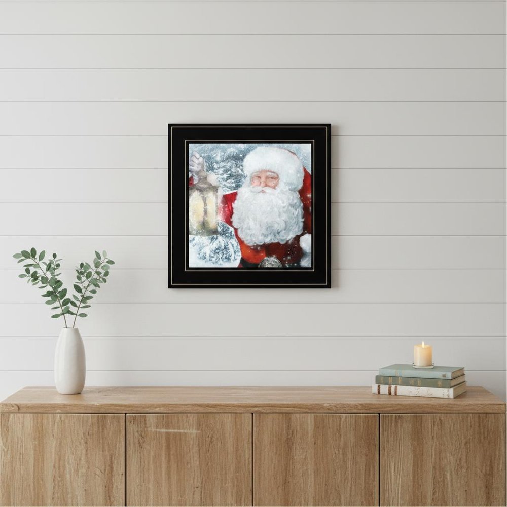 Santa with Lantern 2 Black Framed Print Wall Art