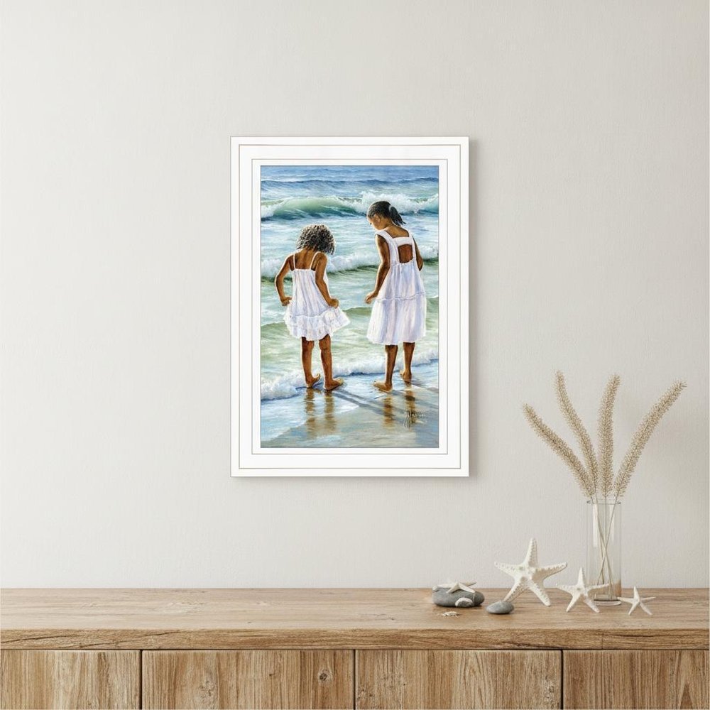 Two Girls at the Beach 2 White Framed Print Wall Art