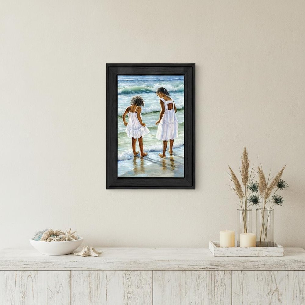 Two Girls at the Beach 3 Black Framed Print Wall Art