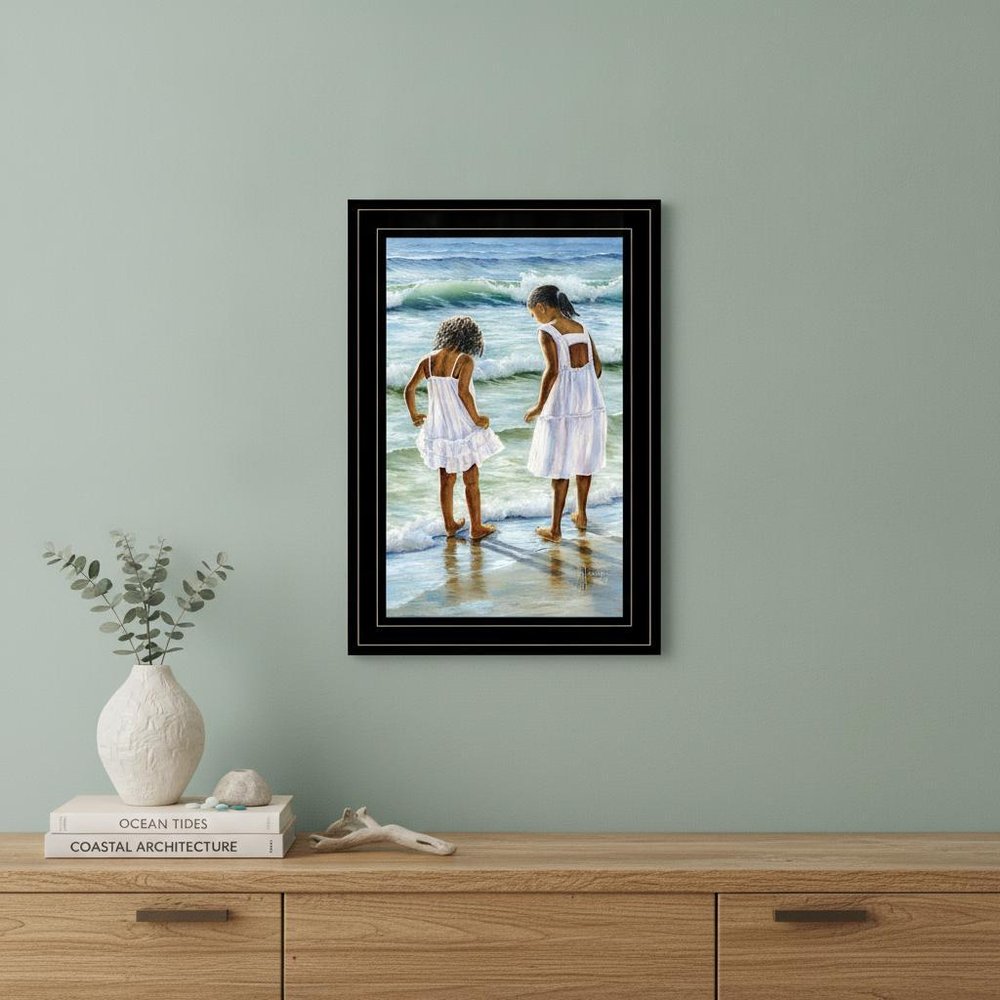 Two Girls at the Beach 4 Black Framed Print Wall Art
