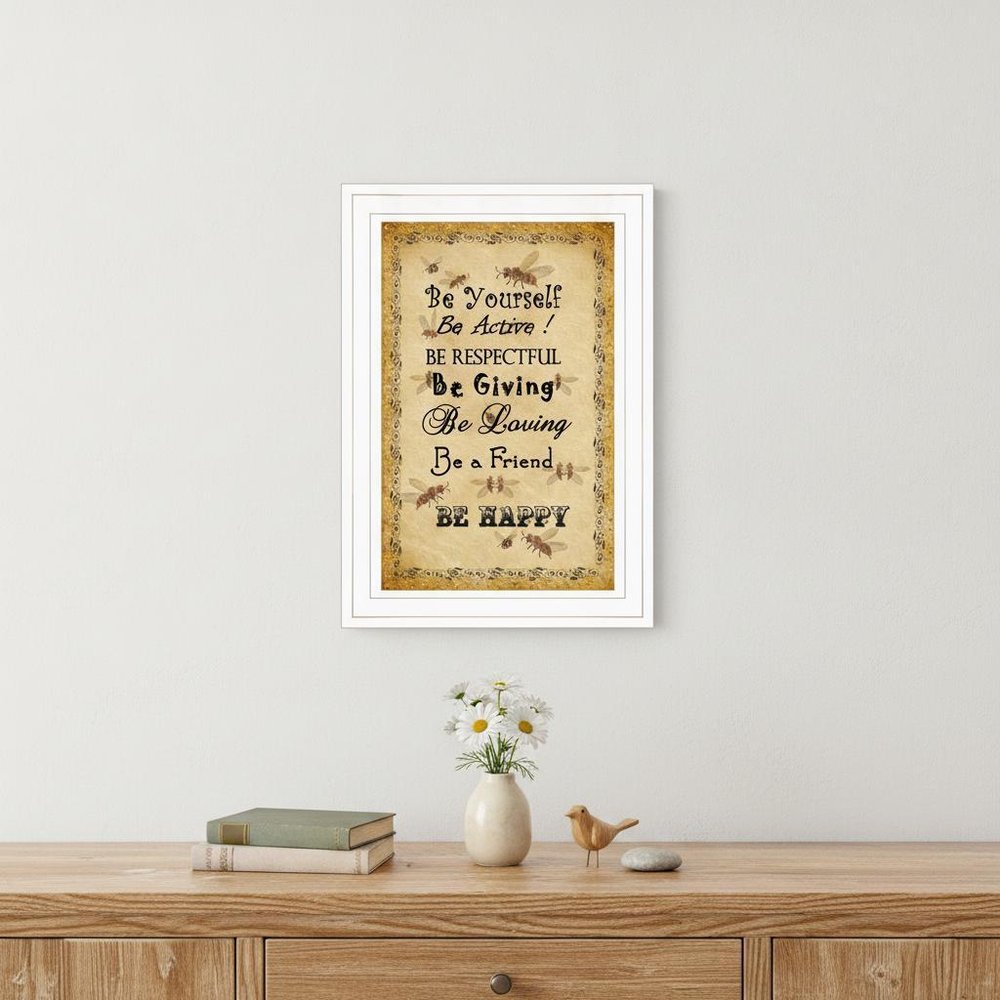 BEE HAPPY White Framed Print Wall Art