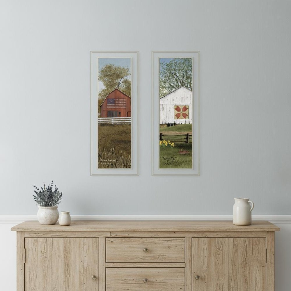 Set Of Two Country Barns 1 White Framed Print Wall Art
