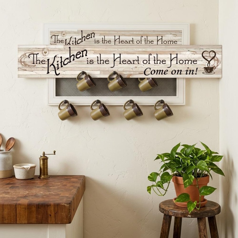 Set Of Two Kitchen Print and Mug Rack White Framed Kitchen Wall Art