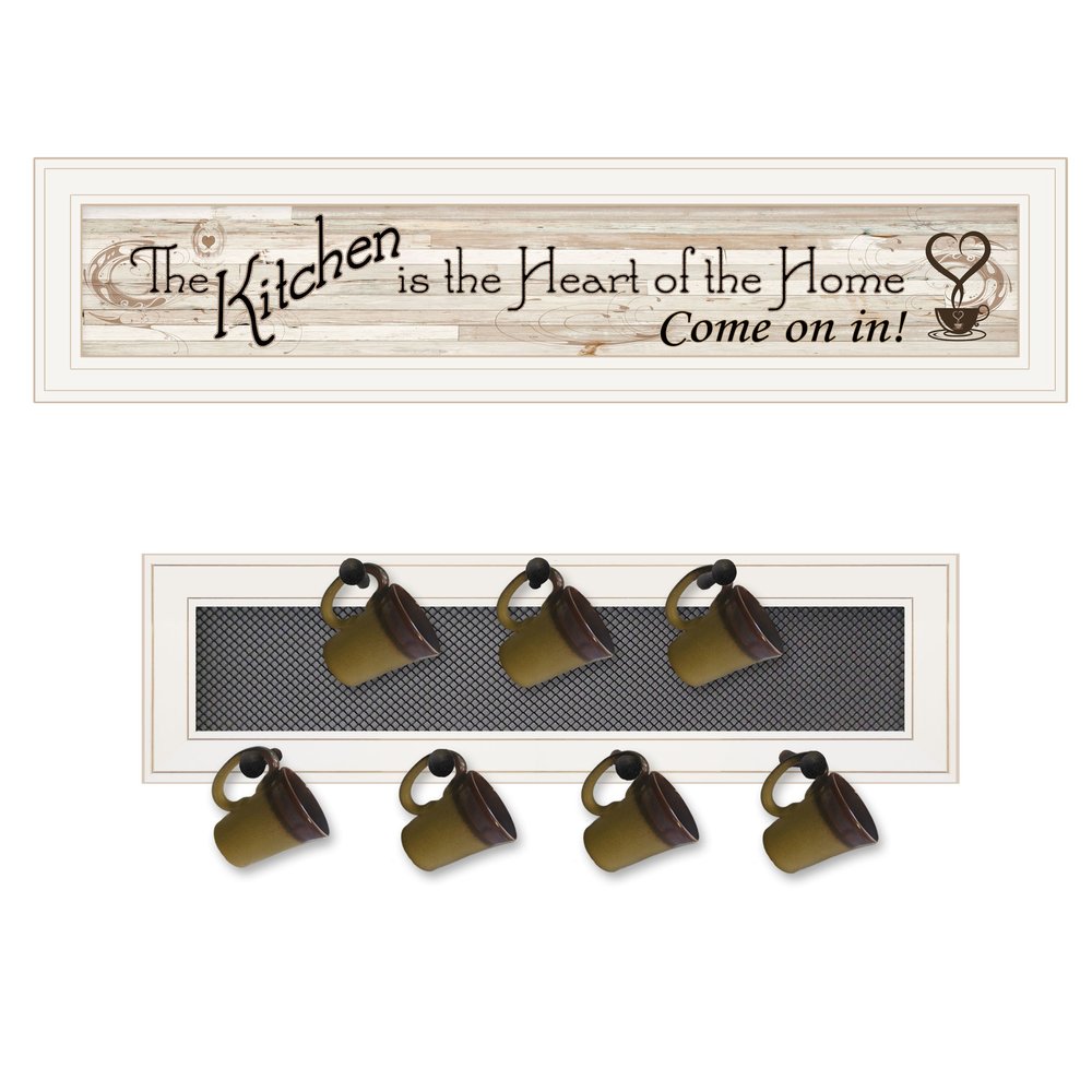 Set Of Two Kitchen Print and Mug Rack White Framed Kitchen Wall Art