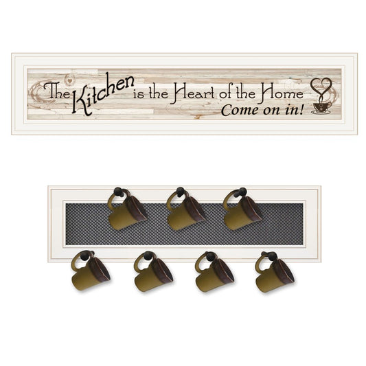 Set Of Two Kitchen Print and Mug Rack White Framed Kitchen Wall Art