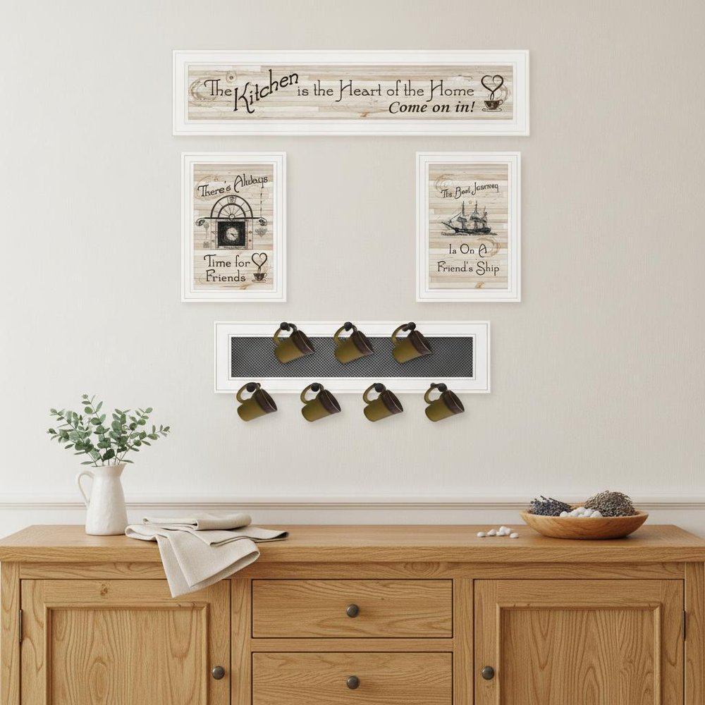 Set Of Four Kitchen Print 33x8 and Mug RackHorizonal 27x8x3 White Frame White Framed Print Kitchen Wall Art