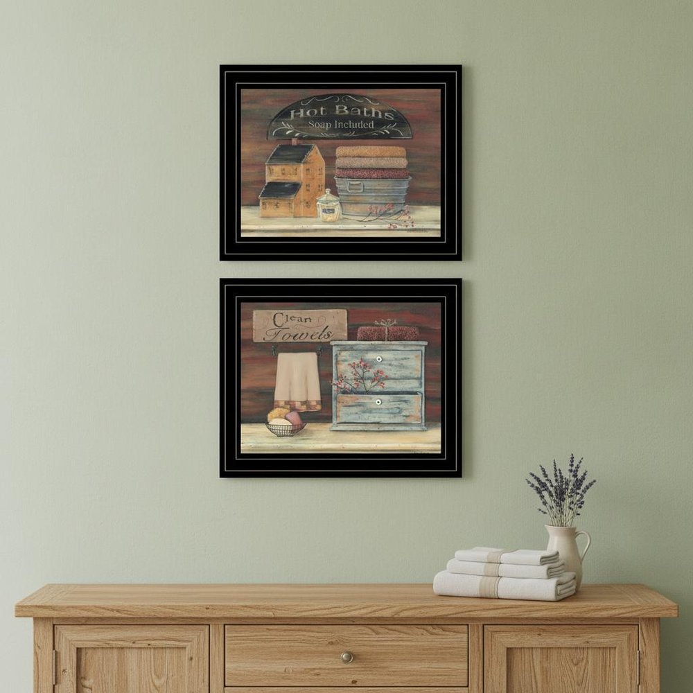 Set Of Two Hot Bath or Clean Towels 2 Black Framed Print Bathroom Wall Art