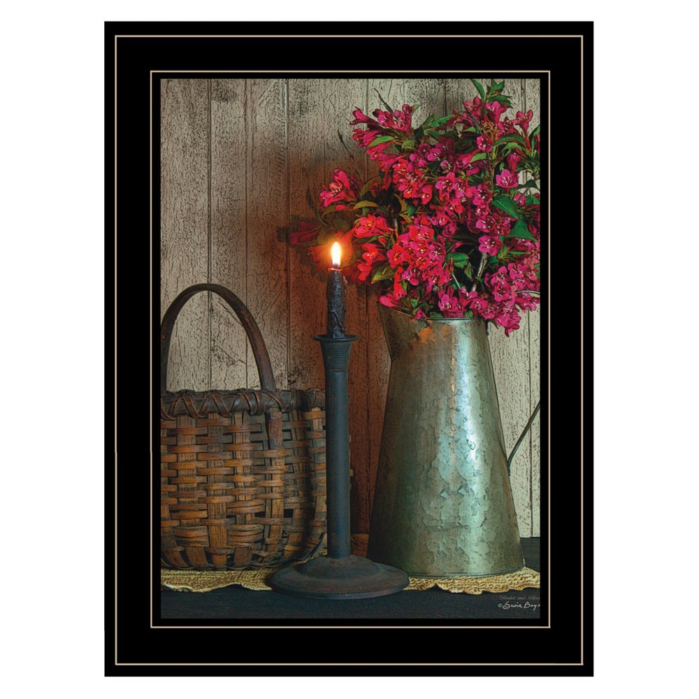 Basket and Blossoms Black Framed Print Wall Art