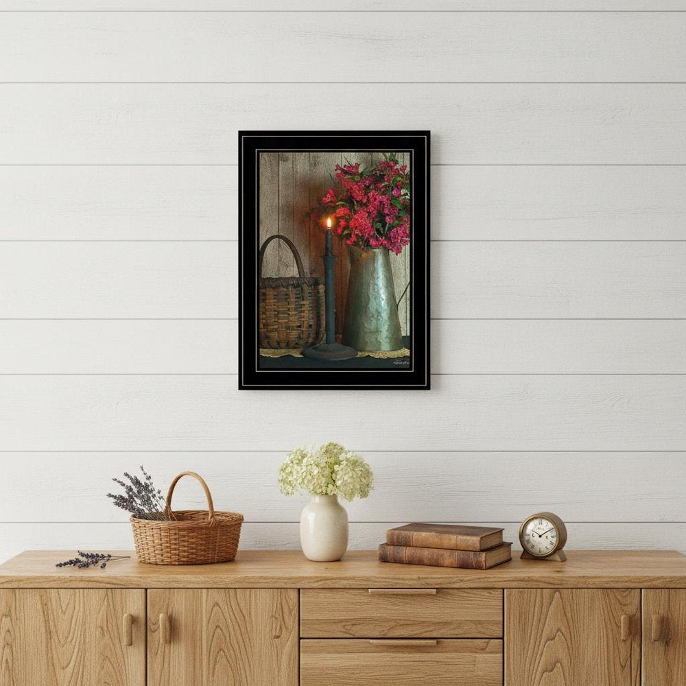 Basket and Blossoms Black Framed Print Wall Art