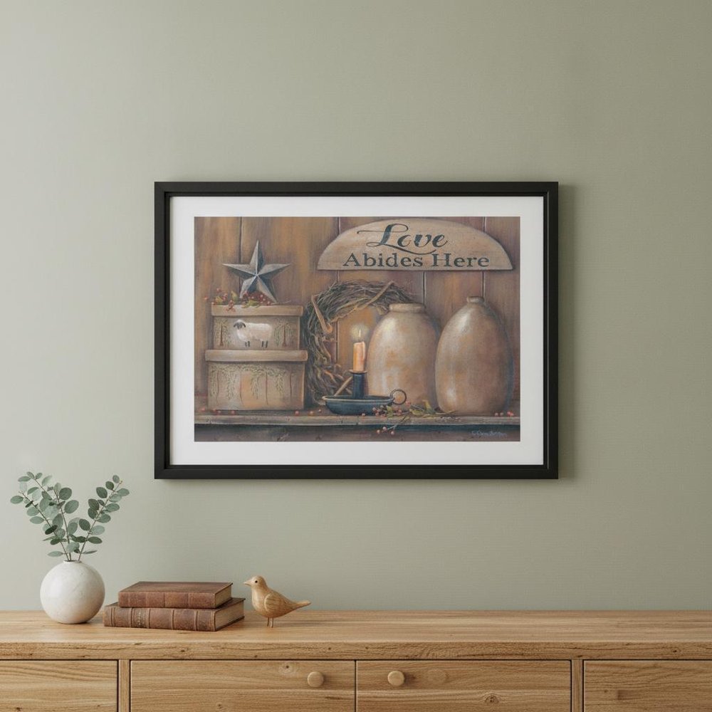 Love Abides Here Shelf 3 Black Framed Print Wall Art