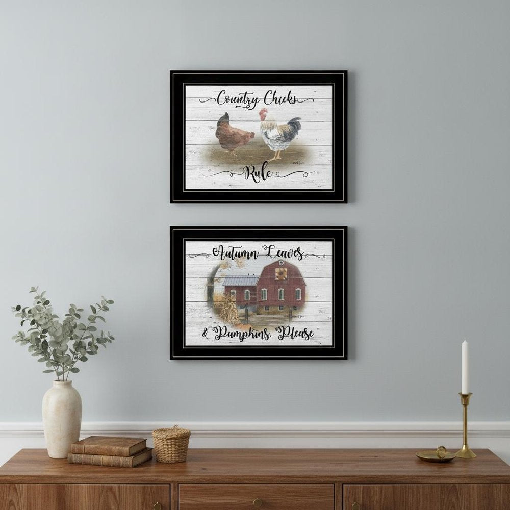 Set Of Two Chickens and Autumn Black Framed Print Wall Art