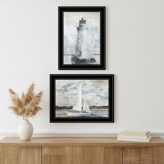 Set Of Two Lighthouse Sailboat 2 Black Framed Print Wall Art