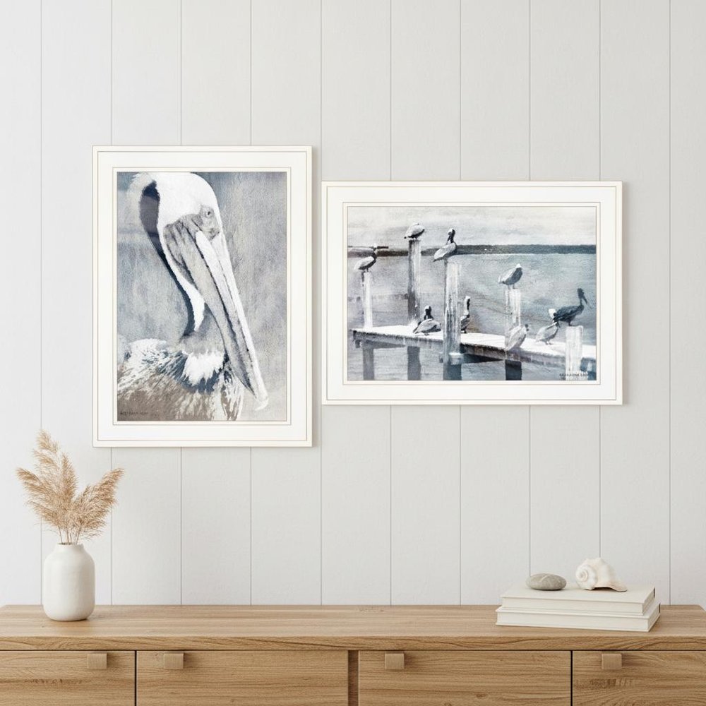 Set Of Two Pelican Party White Framed Coastal Wall Art