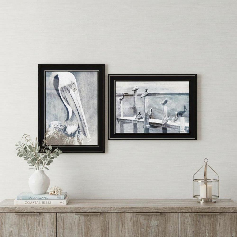 Set Of Two Pelican Party Black Framed Coastal Wall Art