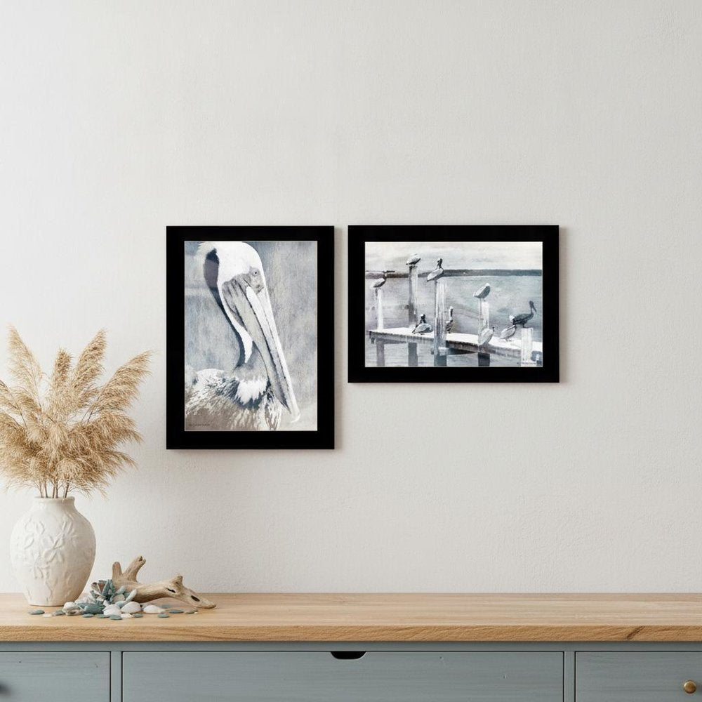 Set Of Two Pelican Party Black Framed Coastal Wall Art