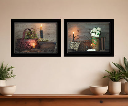 Set Of Two Baskets and Flowers Black Framed Print Wall Art
