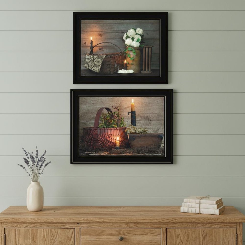 Set Of Two Baskets and Flowers Black Framed Print Wall Art