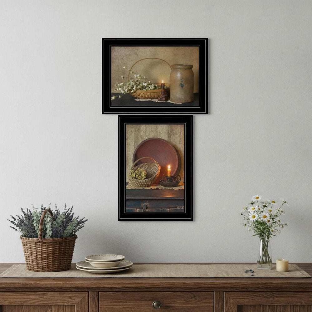Set Of Two Candle Light and Flowers 2 Black Framed Print Wall Art