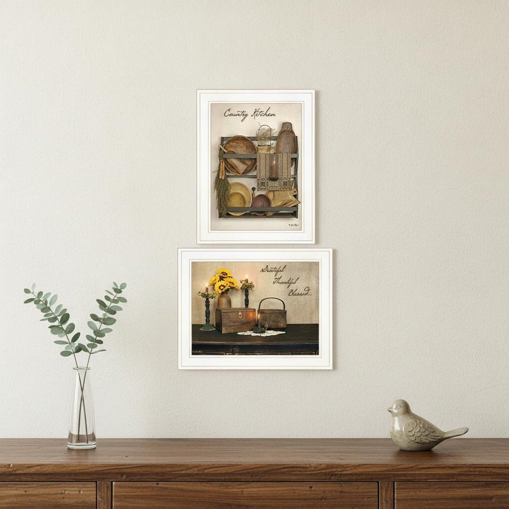 Set Of Two Grateful and Blessed White Framed Print Kitchen Wall Art
