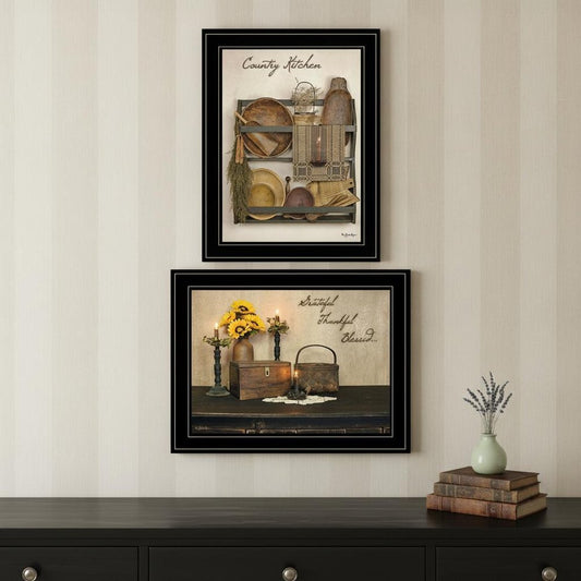 Set Of Two Grateful and Blessed Black Framed Print Kitchen Wall Art