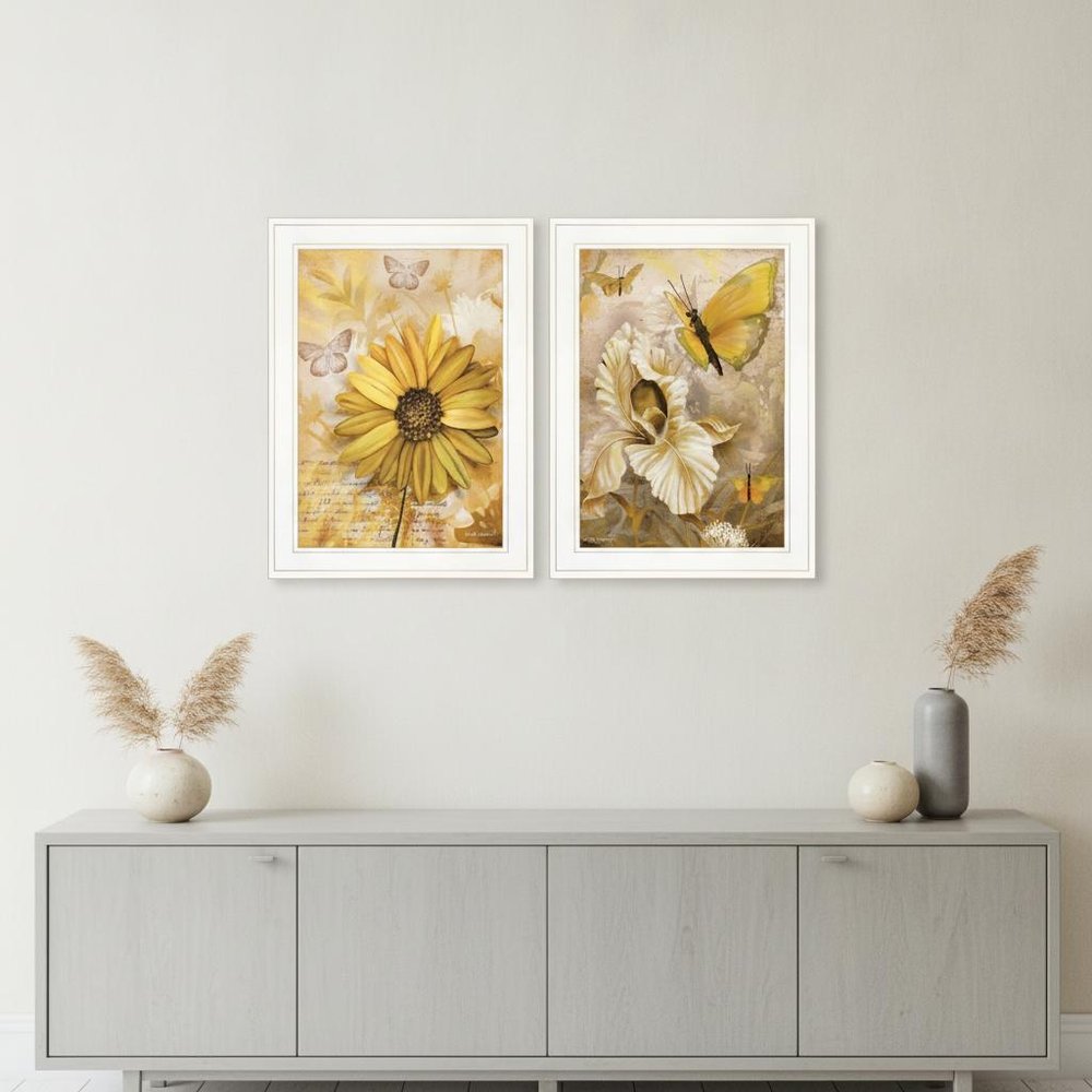 Set Of Two Yellow Flowers And Butterflies White Framed Print Wall Art