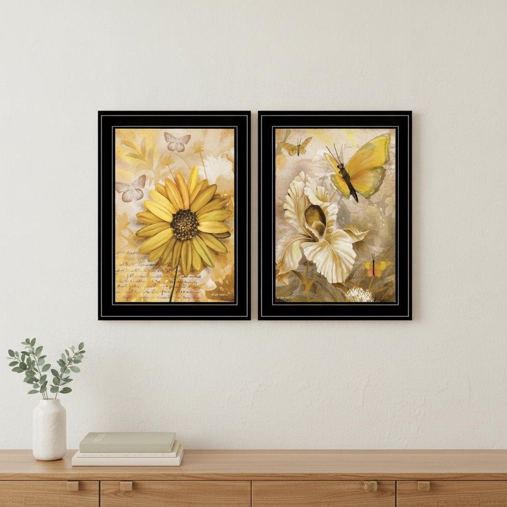 Set Of Two Flowers and Butterflies 2 Black Framed Print Wall Art