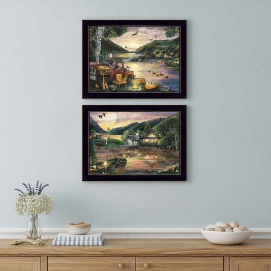 Set Of Two Lakefront Camping 3 Black Framed Print Wall Art