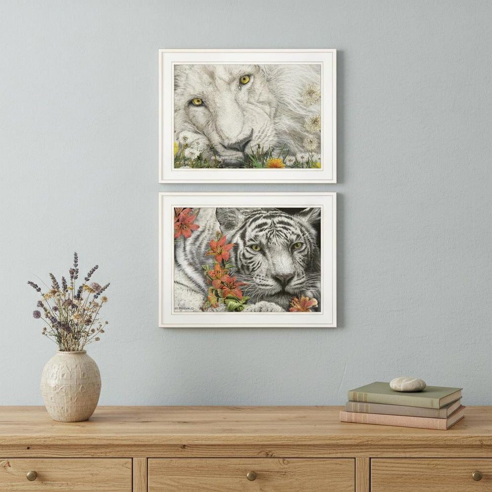 Set Of Two Tiger Lily Dandy Lion 1 White Framed Print Wall Art