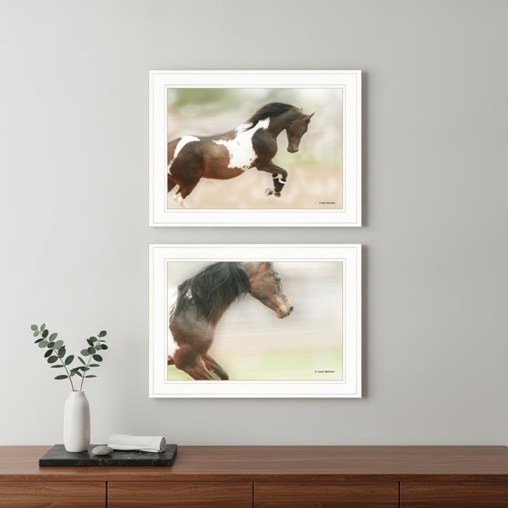 Set Of Two Wild Horses White Framed Print Wall Art
