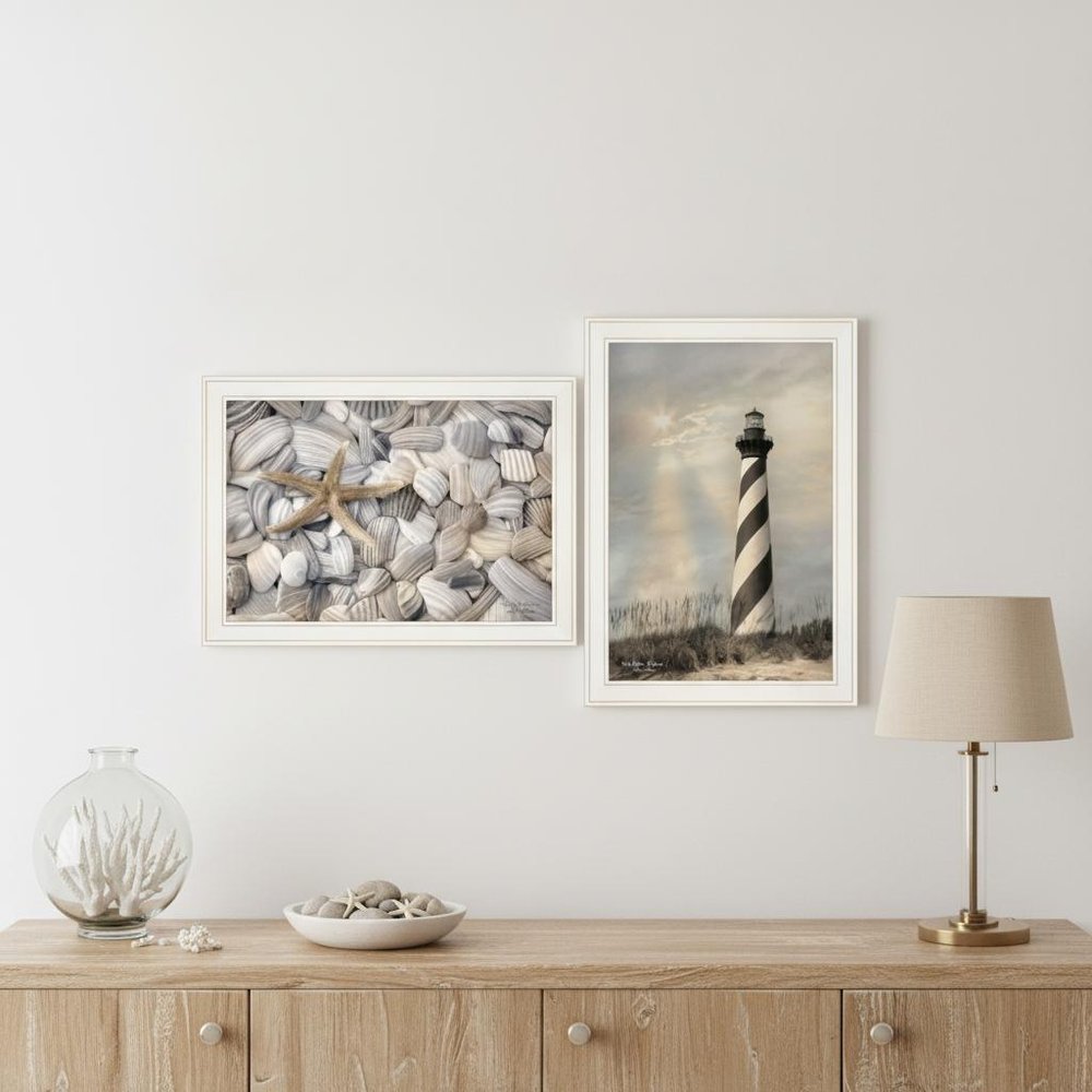 Set Of Two Cape Hatteras Lighthouse and Sea Shells 3 White Framed Print Wall Art
