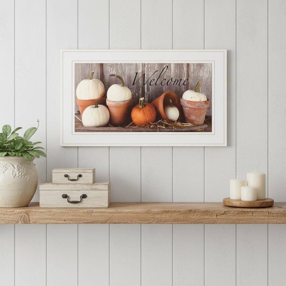 Welcome Pumpkin Shelf 1 White Framed Print Wall Art