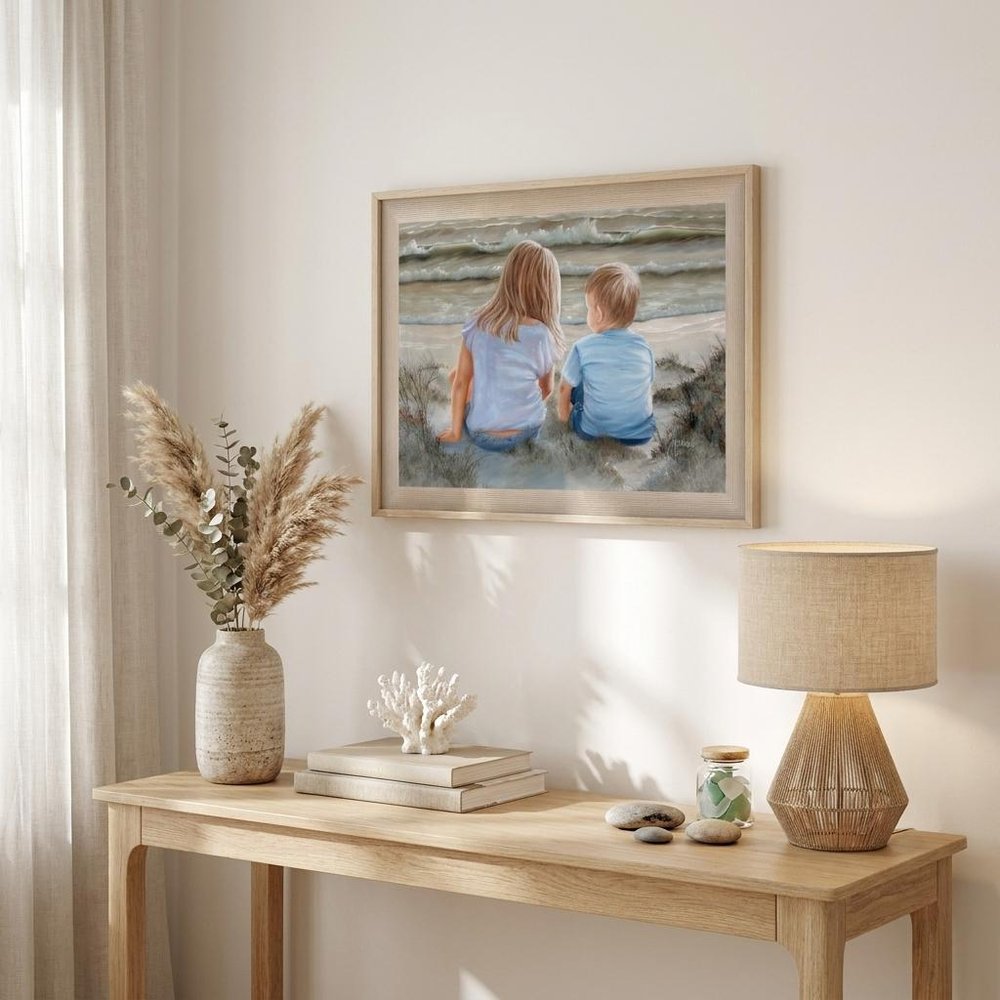 Boy and Girl Sitting in Dunes Brown Framed Print Wall Art