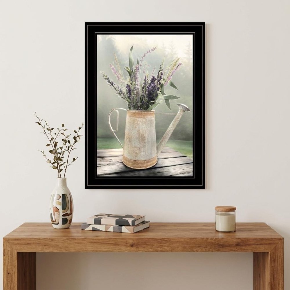 Lavender Watering Can 1 Black Framed Wall Art