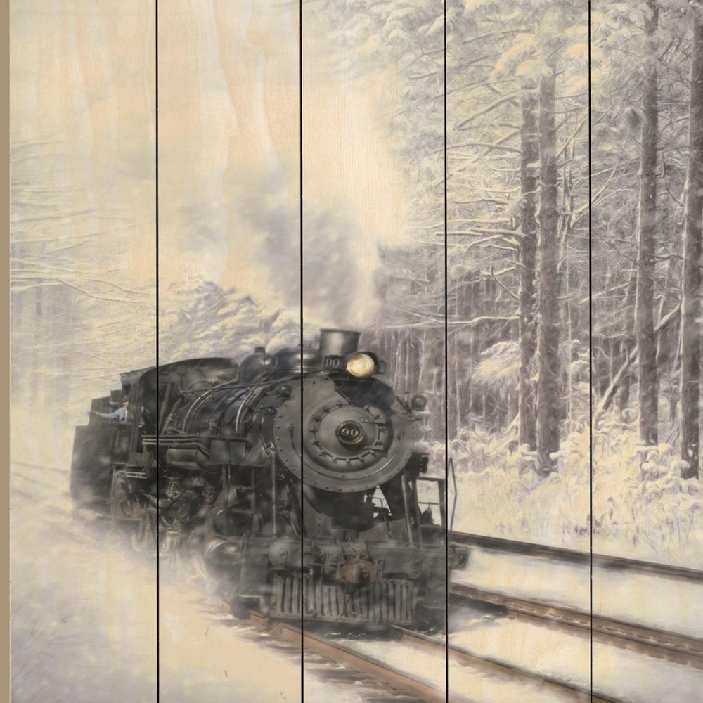 Snowy Locomotive Unframed Picket Fence Wall Art