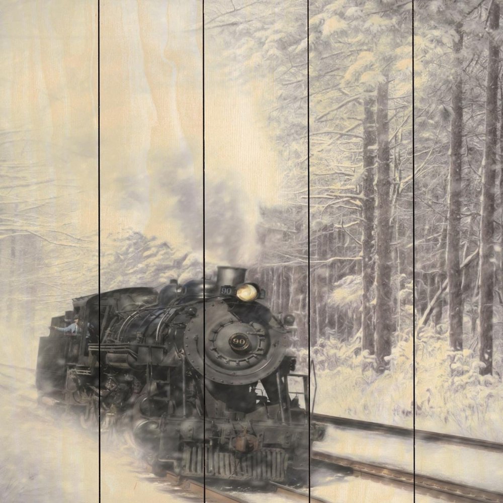 Snowy Locomotive Unframed Picket Fence Wall Art