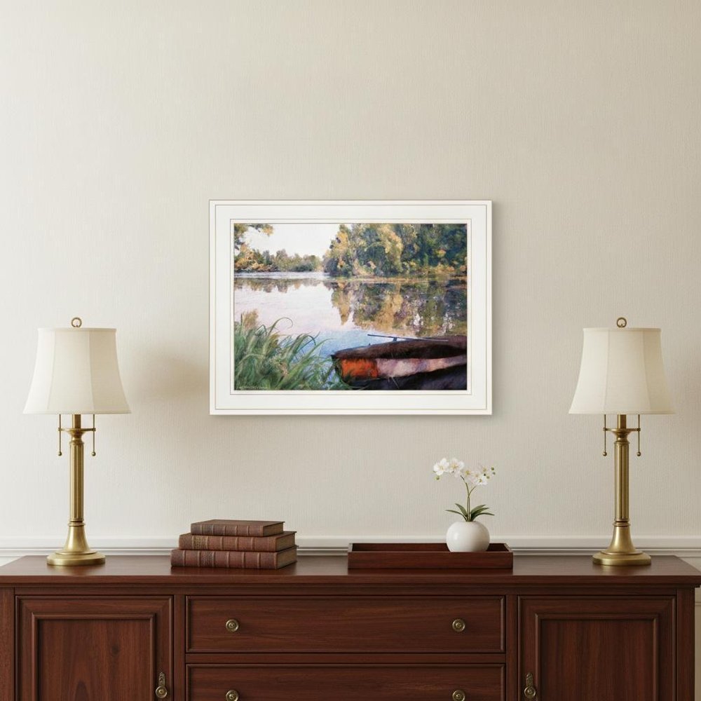 Rowboat Pond Landscape 2 White Framed Print Wall Art